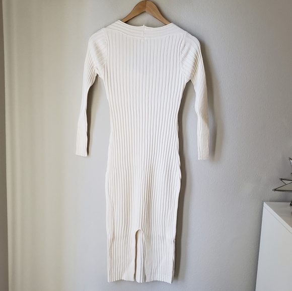 Square Neck Long Sleeve Ribbed Knit Midi Dress - Picture 9 of 15